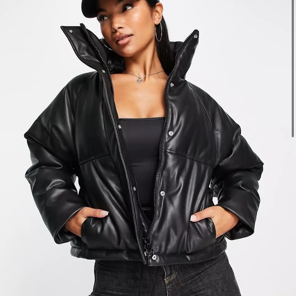 Topshop Jackets & Blazers - Topshop Black Faux Leather Cropped Puffer Jacket 4